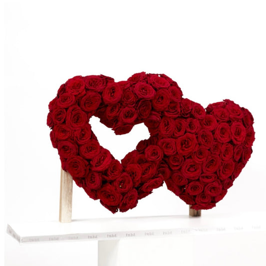 Standing double heart red roses